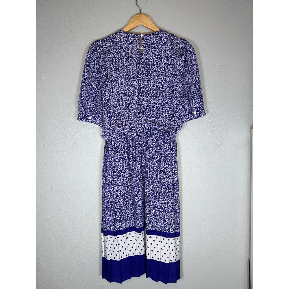 Vintage 80s Pleated Secretary Dress Sz 10 Midi Purple Floral Retro Short Sleeve - Picture 6 of 10